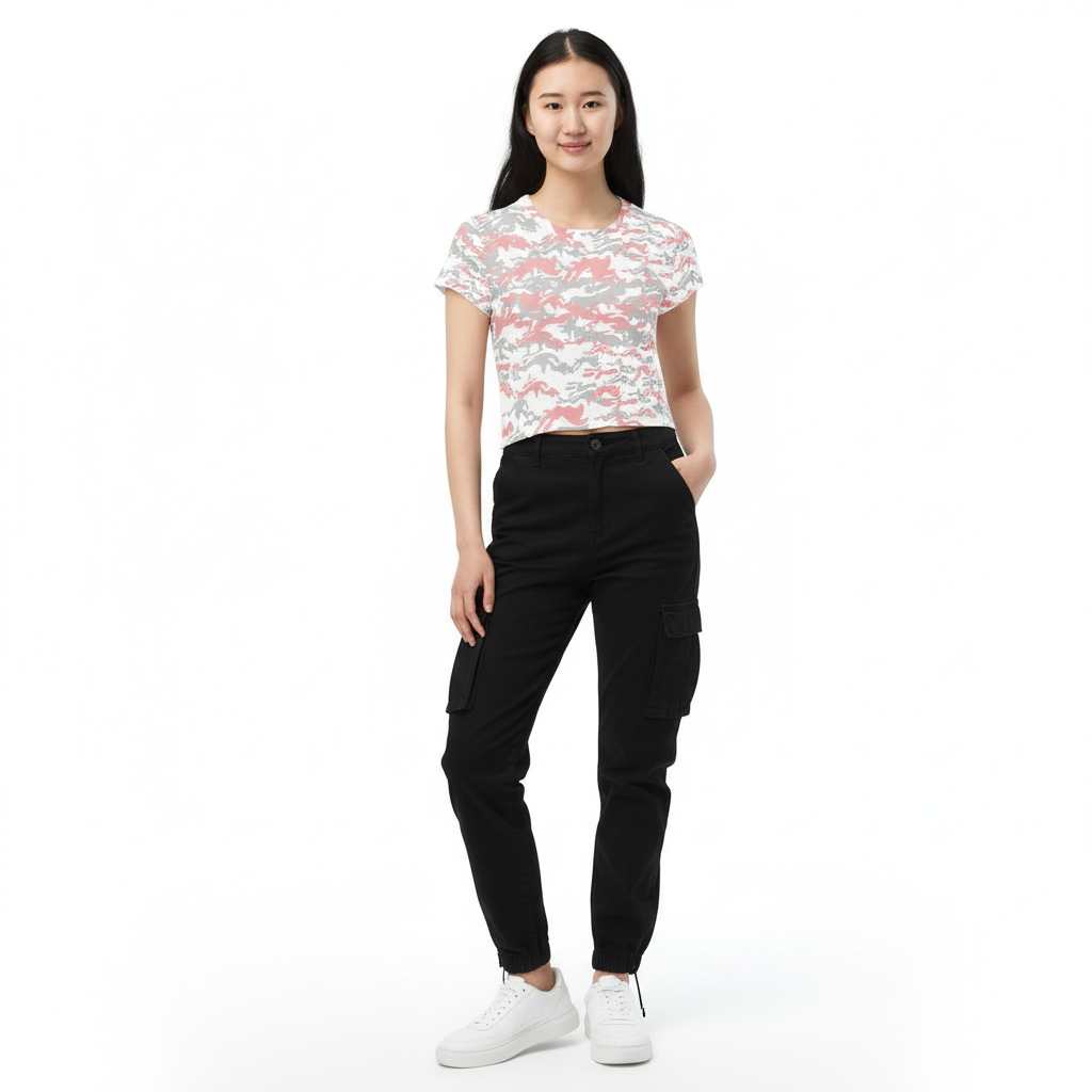 Camou Crop Tee with Black Cargo Pants