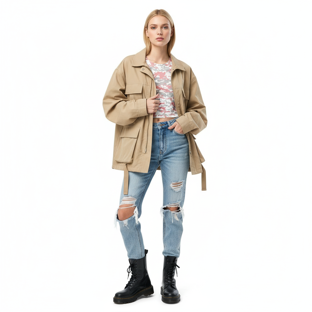 Camou Crop Tee with Utility Jacket