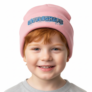 Close-up boy pink beanie cheerful