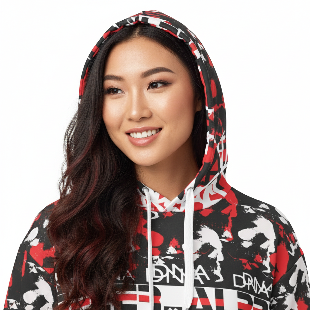 Close-up of Asian female model in Peniel hoodie