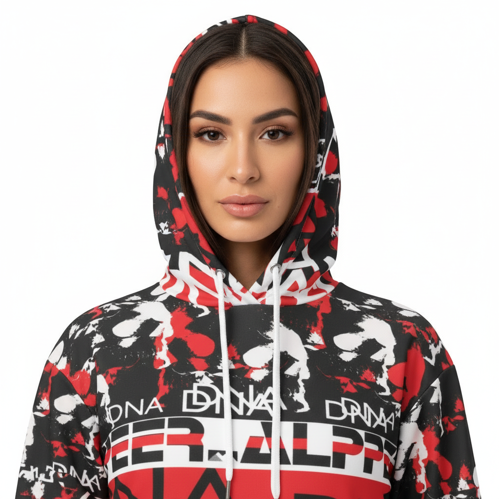 Close-up of Latino female model in Peniel hoodie