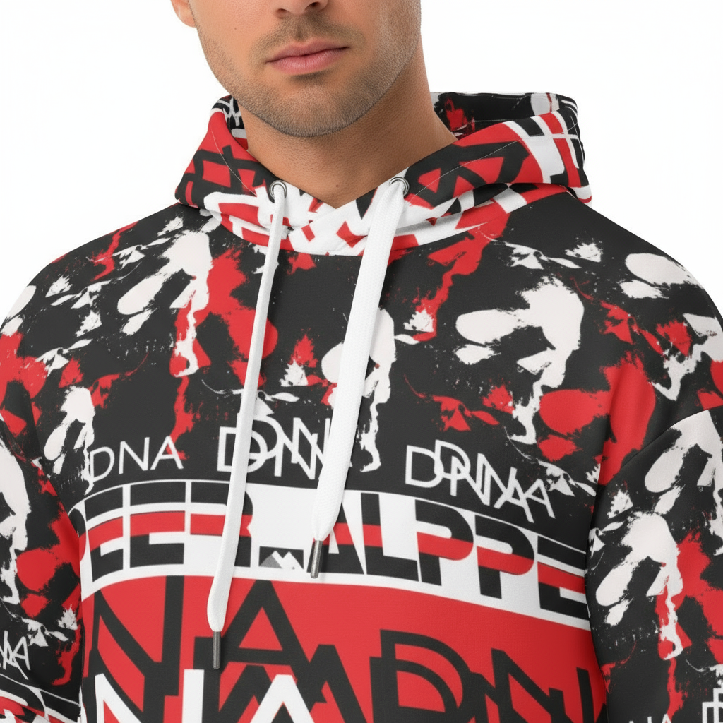Close-up of Peniel hoodie chest and hood area