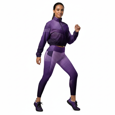 Complete matching set - leggings, quarter-zip windbreaker, and athletic shoes