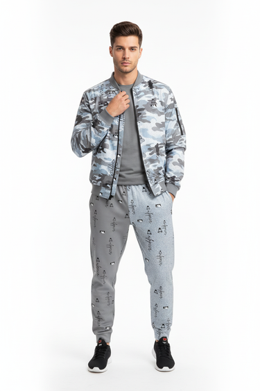 Coordinated with matching abstract camo bomber