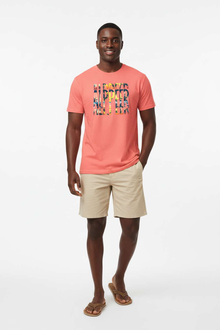 Coral ALPPEER Tee with Khaki Boardshorts - Full Body