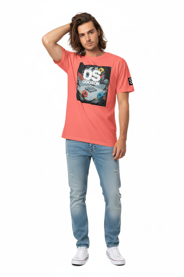 Coral pink tee casual pose