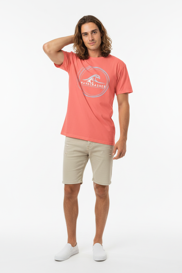 Coral pink tee casual pose