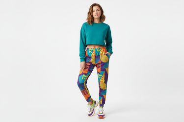 Cropped teal sweatshirt and chunky sneakers