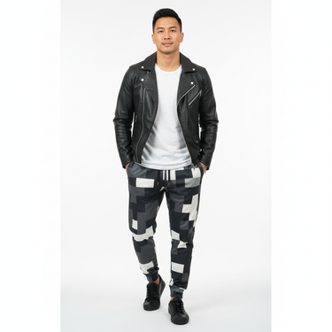 Digital Camo Joggers - Southeast Asian male model with leather jacket