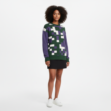 Digital Camo Knit Sweater - Mixed-race female model with mini skirt