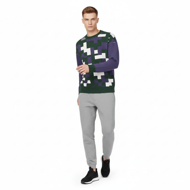 Digital Camo Knit Sweater - White male model with joggers