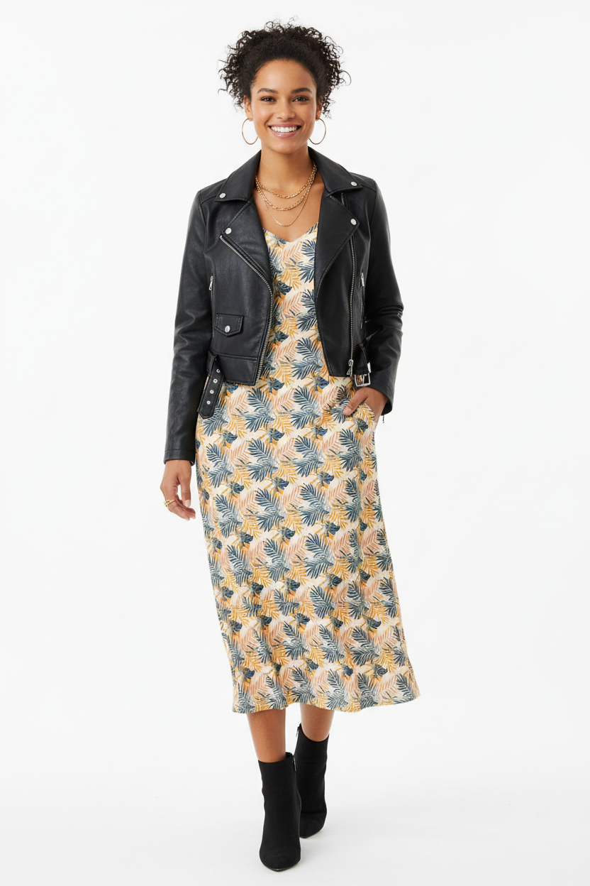 Dress with black cropped leather jacket
