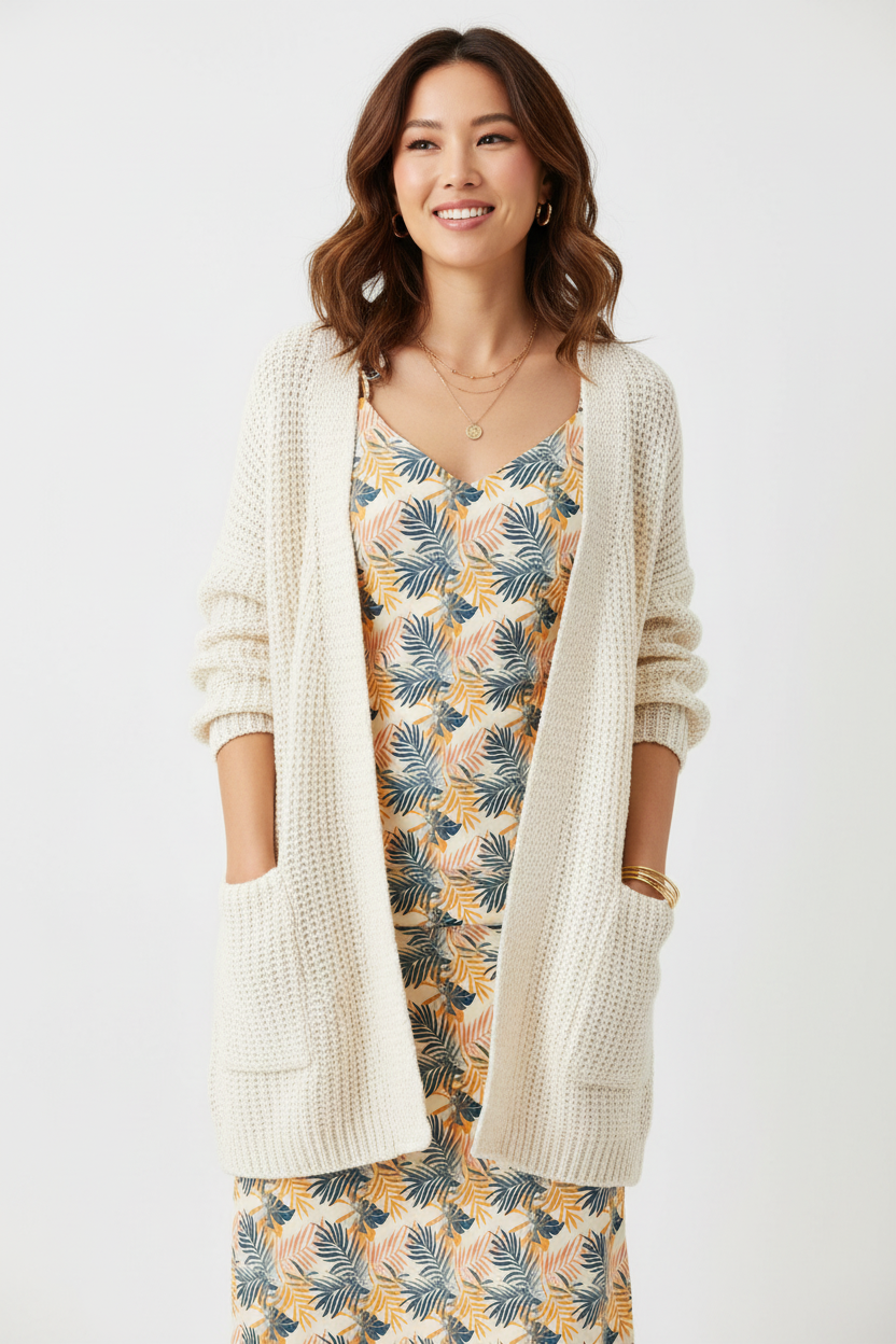 Dress with cream knit cardigan