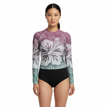 East Asian model with black swim shorts