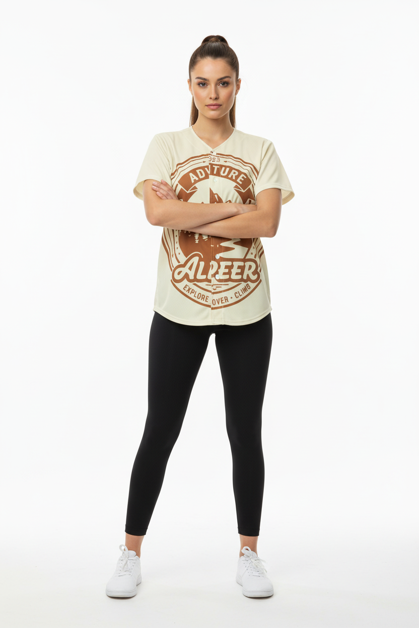 Female model in black athletic leggings and white sneakers