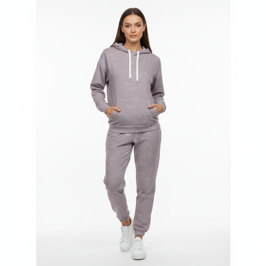 Female model in gray sweatpants