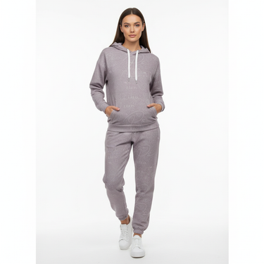 Female model in gray sweatpants