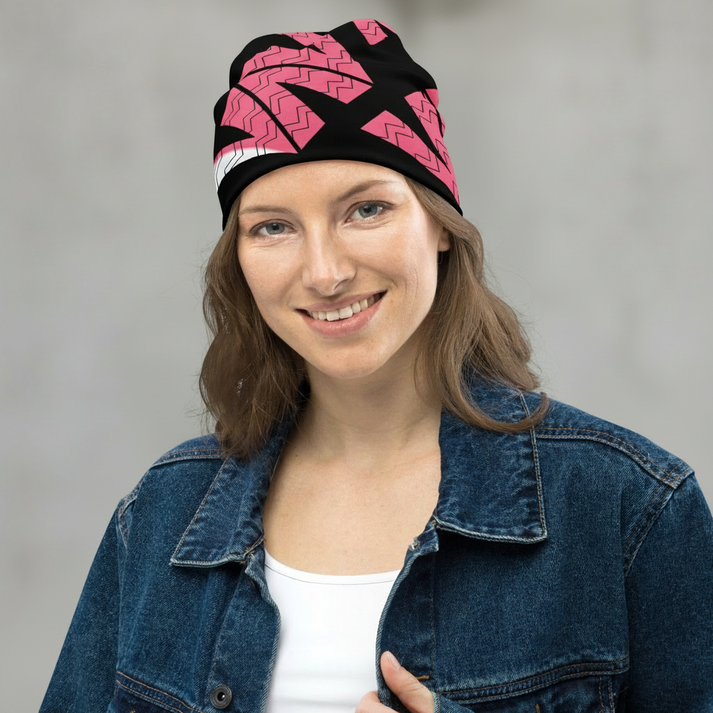 Female model with colorful beanie