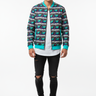 Fit model with exact graffiti stripe bomber
