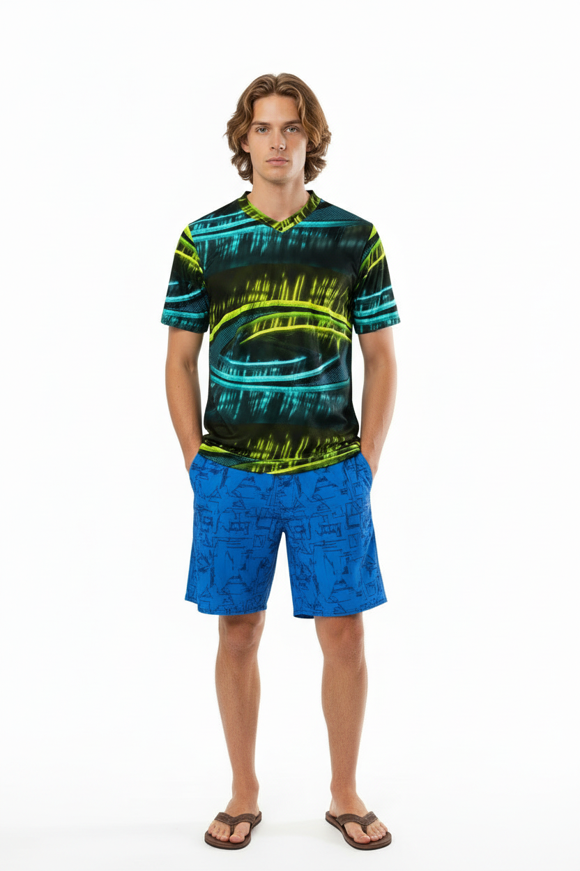 Front view with blue boardshorts