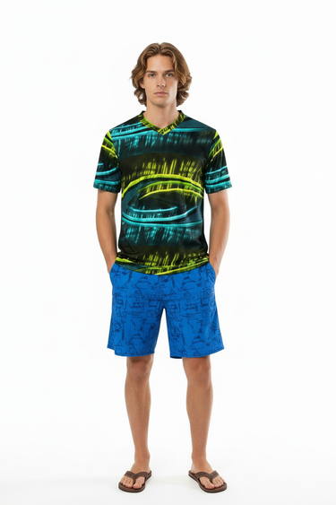 Front view with blue boardshorts
