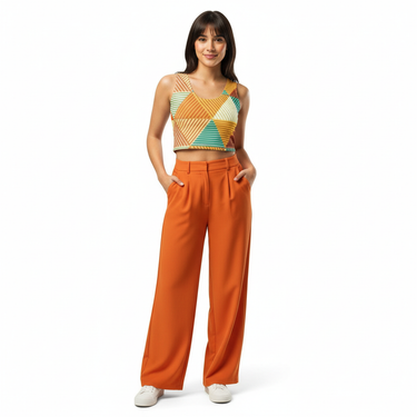Geo Stripe Crop Top - Middle Eastern female model with orange pants
