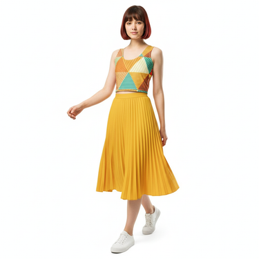 Geo Stripe Crop Top - White female model with yellow skirt