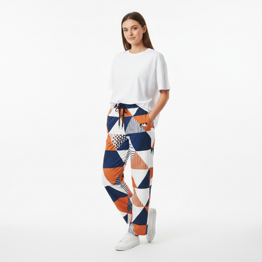 Geometric Mosaic Wide-Leg Joggers - Female with oversized tee