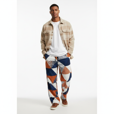 Geometric Mosaic Wide-Leg Joggers - Male with flannel shirt