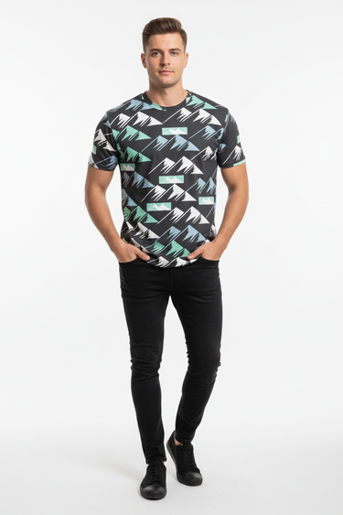 Geometric mountain pattern tee hands in pockets
