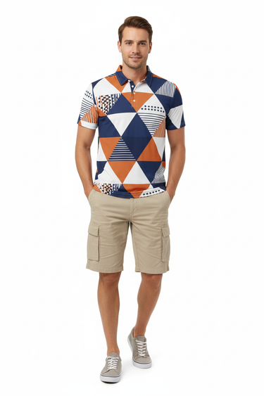 Geometric polo with cargo shorts