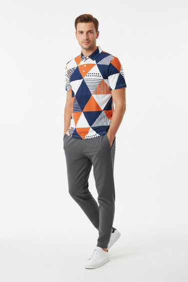 Geometric polo with charcoal joggers