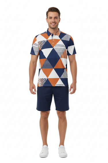 Geometric polo with navy shorts casual
