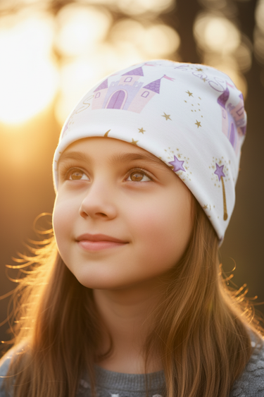 Girl age 10 wearing castle beanie