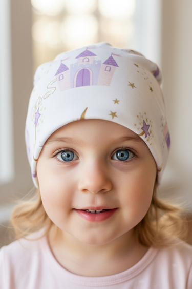 Girl age 4 wearing castle beanie