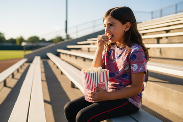 Girl in bleachers with popcorn