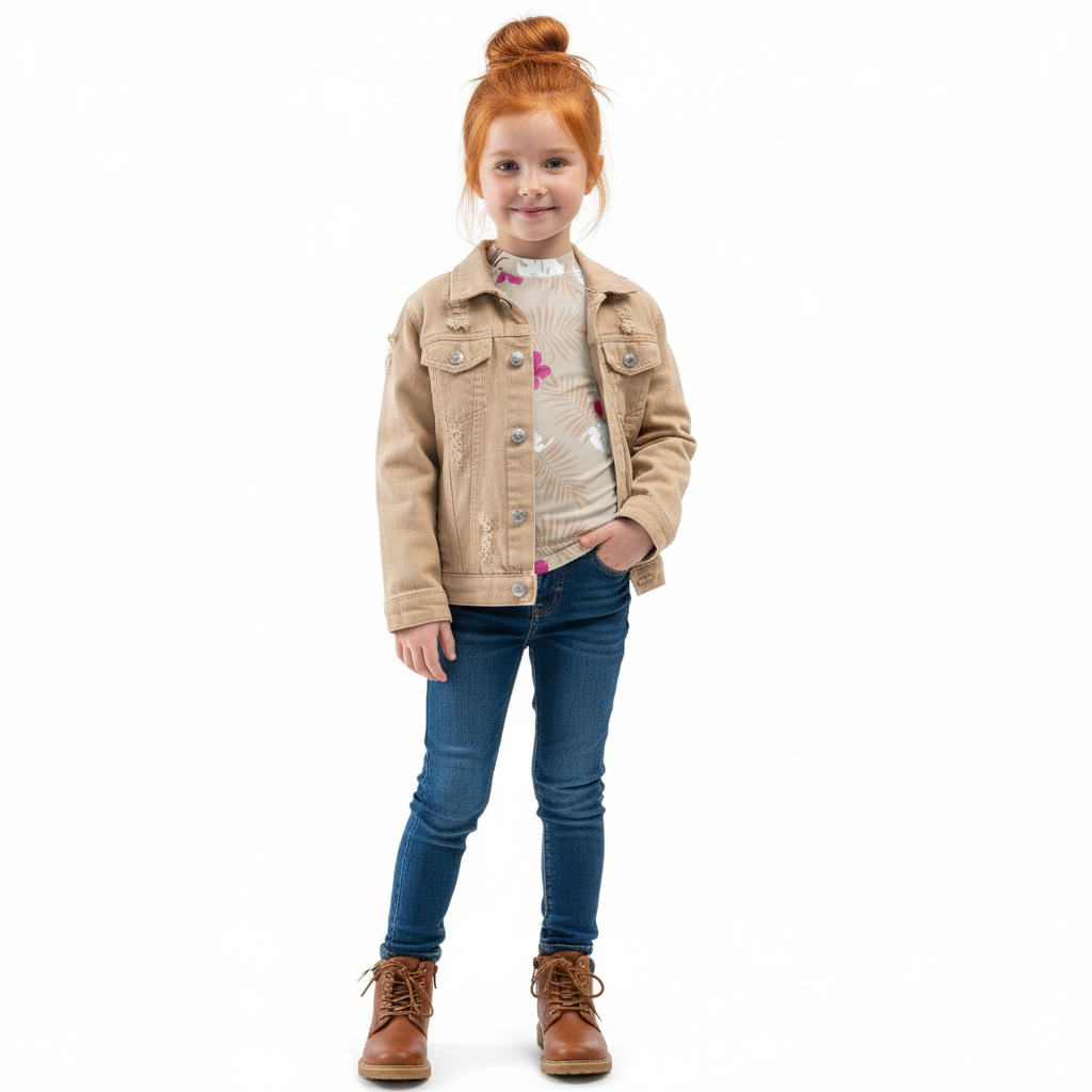 Girl in rash guard with denim jacket on white background