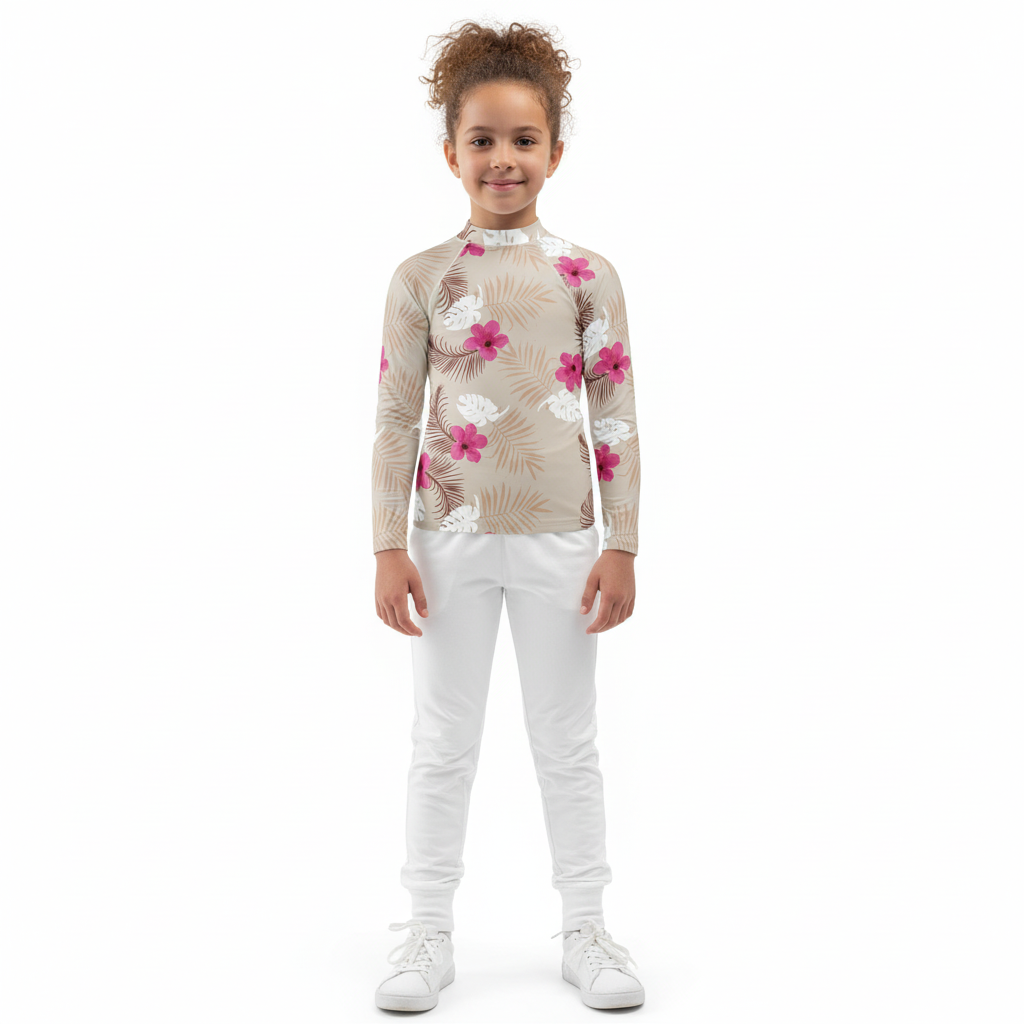 Girl in rash guard with joggers on white background