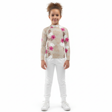 Girl in rash guard with joggers on white background