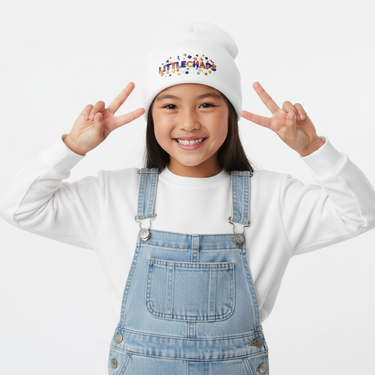 Girl in white beanie peace sign