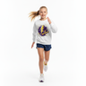 Girl in white sweatshirt running