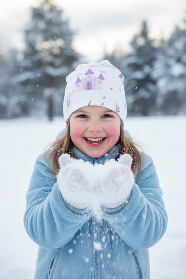 Girl playing in snow wearing castle beanie