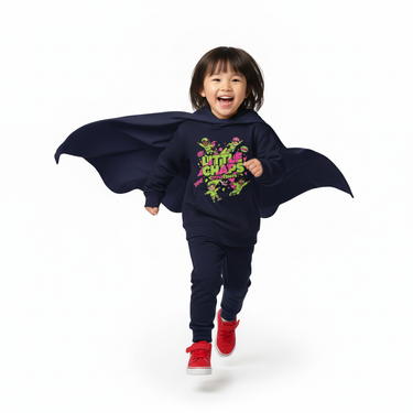 Girl running navy hoodie