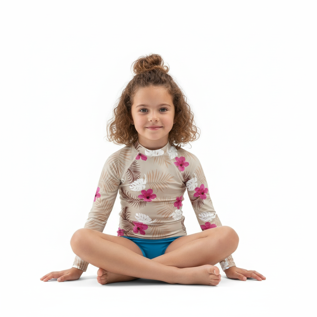 Girl sitting in Sandcastle Dreams rash guard on white background