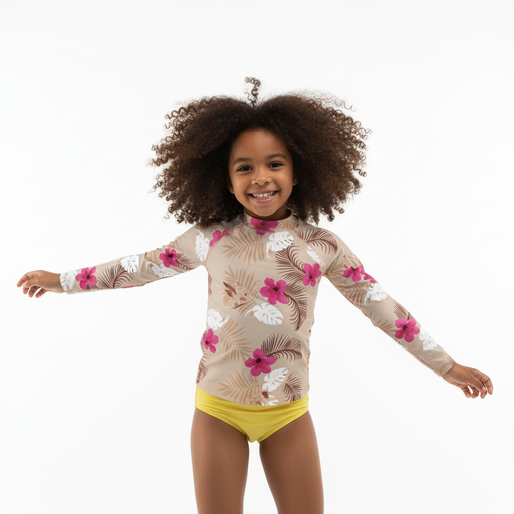 Girl twirling in Sandcastle Dreams rash guard on white background