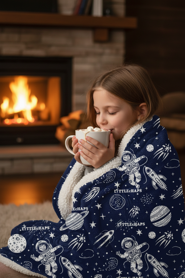 Girl with hot cocoa by fireplace