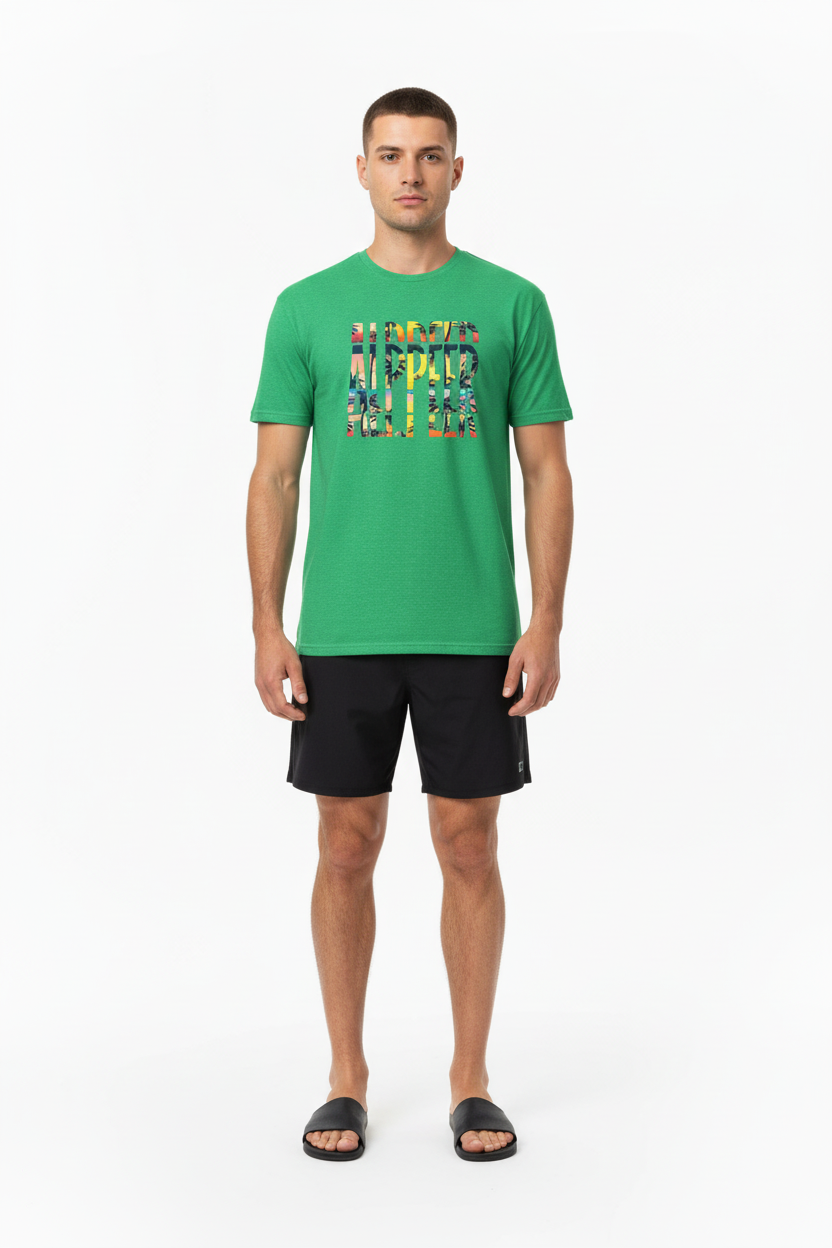 Green Tropical ALPPEER Tee with Black Boardshorts - Full Body