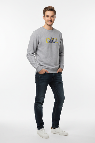 Grey sweatshirt hands in pockets
