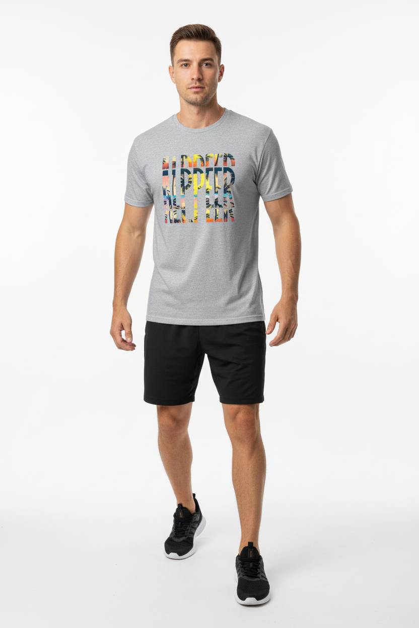 Grey Tropical ALPPEER Tee with Black Exercise Shorts - Full Body