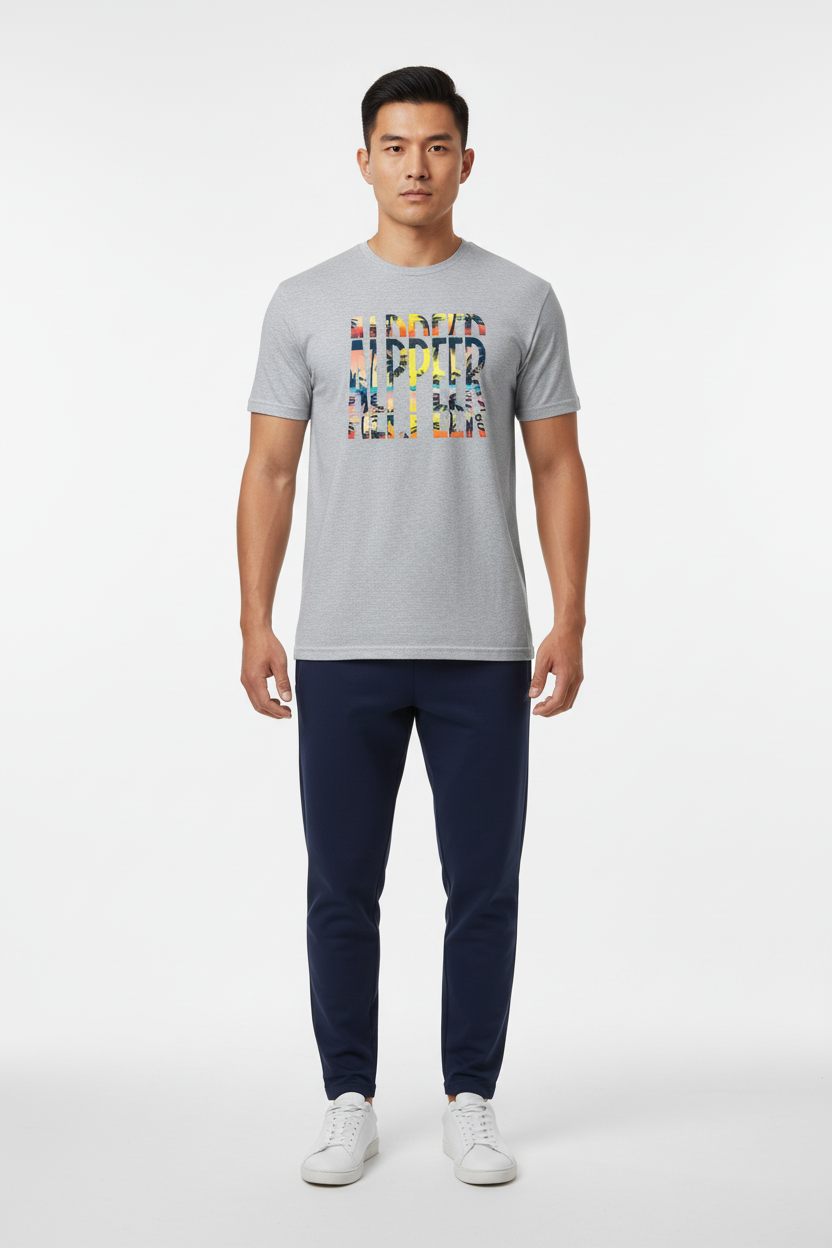 Grey Tropical ALPPEER Tee with Navy Joggers - Full Body